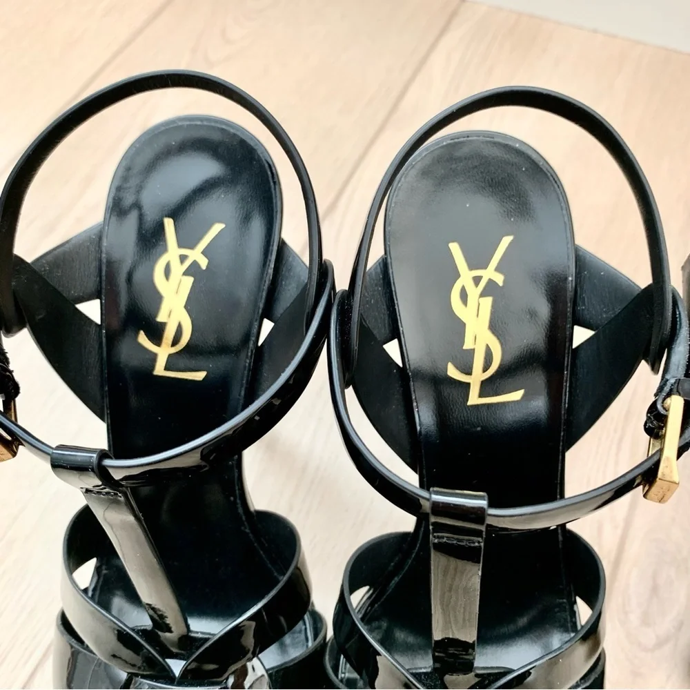 🌟 YSL Black Patent Leather Tribute 105 Platform Heeled Sandals High Heels 37 - Picture 8 of 12